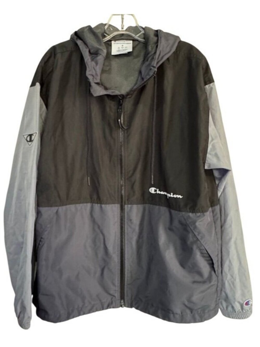 Champion Jacket Lightweight Colorblock Gray/Black Full Zip Hooded Men's Medium M